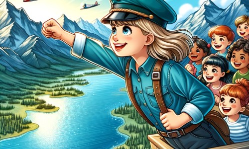 Une illustration pour enfants représentant une jeune femme passionnée d'aviation qui réalise son rêve de devenir pilote d'avion, parcourant le monde dans les airs.