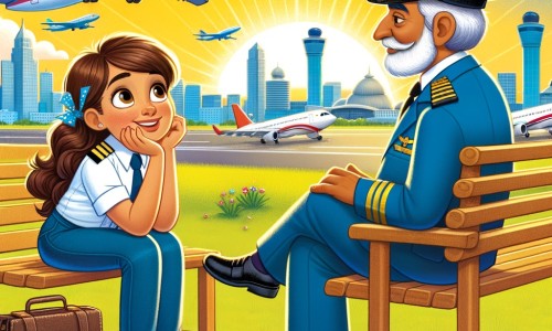 Une illustration destinée aux enfants représentant une femme passionnée d'avions, rêvant de devenir pilote, qui rencontre une pilote expérimentée près d'un banc, à proximité d'un aéroport animé avec des avions décollant et atterrissant dans un ciel bleu éclatant.
