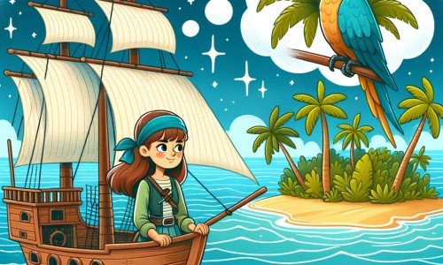 Une illustration pour enfants représentant une femme pirate intrépide en quête d'un trésor légendaire sur une île tropicale.