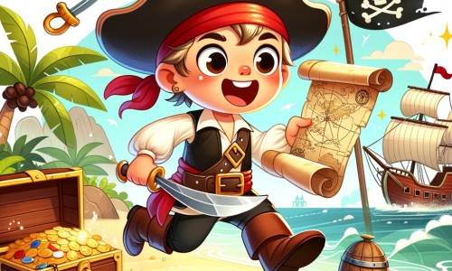 Une illustration pour enfants représentant un pirate intrépide, à la recherche d'un trésor perdu, sur une île mystérieuse.