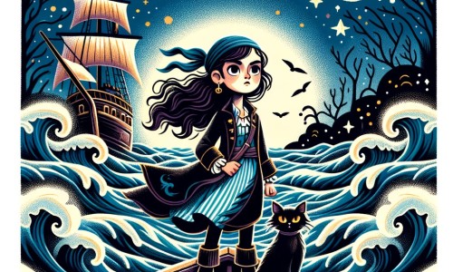 Une illustration destinée aux enfants représentant une femme pirate solitaire, debout sur le pont de son navire, entourée de vagues déchaînées et d'un ciel étoilé, avec son fidèle chat noir à l'œil doré à ses côtés, naviguant vers une île mystérieuse où se cache un trésor légendaire.