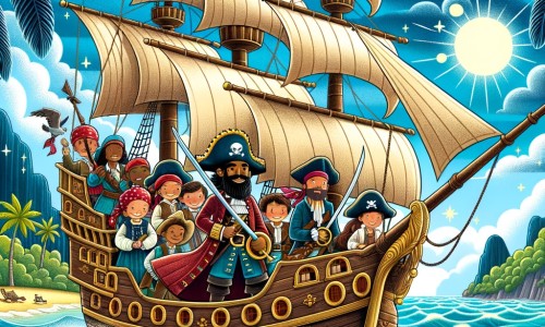 Une illustration destinée aux enfants représentant un courageux capitaine pirate, entouré de son équipage, naviguant sur un bateau majestueux, à travers les eaux scintillantes des Caraïbes, à la recherche d'un trésor légendaire sur une île mystérieuse.