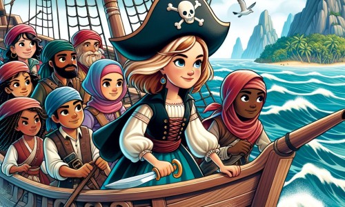 Une illustration pour enfants représentant une femme pirate courageuse à la recherche d'un trésor sur une île mystérieuse, naviguant sur son navire, le 