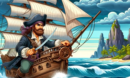 Une illustration destinée aux enfants représentant un courageux capitaine pirate, arborant une cicatrice sur le visage, naviguant sur son majestueux navire, le Black Pearl, à la recherche d'un trésor caché sur une île déserte entourée de vagues houleuses et de tempêtes menaçantes.