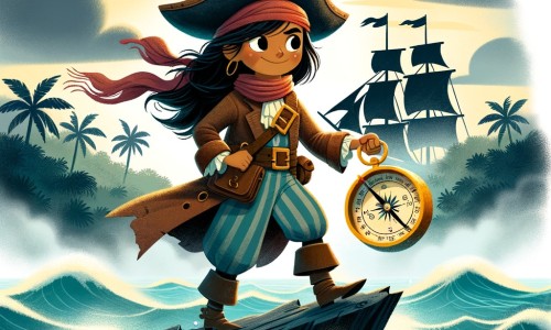 Une illustration pour enfants représentant un pirate courageux, naviguant sur les mers à la recherche d'un trésor caché, sur une île mystérieuse entourée d'une brume épaisse.