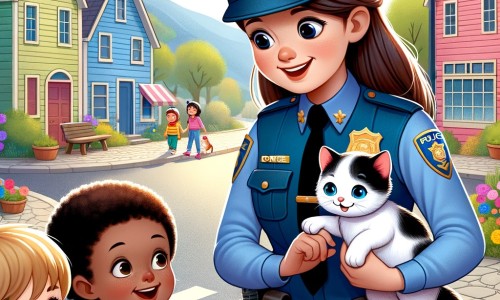 Une illustration destinée aux enfants représentant une jeune policière au sourire radieux, aidant deux enfants à retrouver leur chaton disparu, dans la charmante petite ville de Bonheurville, où les maisons colorées entourent un commissariat accueillant.