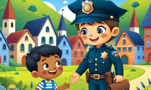 Une illustration pour enfants représentant un policier courageux et déterminé, qui doit infiltrer un groupe de voleurs pour protéger la banque de son village, dans un petit village paisible.