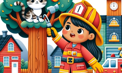 Une illustration destinée aux enfants représentant une courageuse femme pompier, vêtue d'un uniforme rouge et casque jaune, en train de sauver un chat perché dans un grand arbre, entourée de maisons colorées et d'une belle caserne de pompiers en arrière-plan.