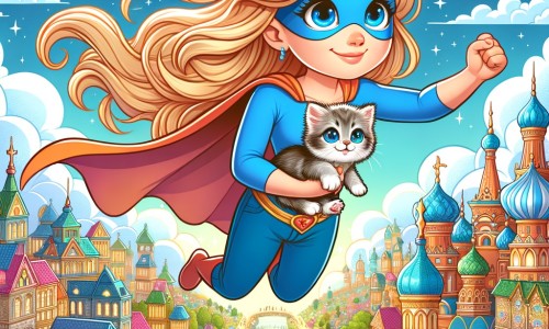 Une illustration destinée aux enfants représentant une super-héroïne intrépide aux cheveux blonds et aux yeux bleus, volant dans les airs au-dessus d'une ville imaginaire remplie de bâtiments colorés et de rues animées, accompagnée d'un adorable chaton dans ses bras.