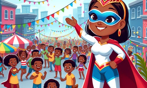 Une illustration pour enfants représentant une super-héroïne aux pouvoirs extraordinaires qui aide les gens dans une ville animée lors d'un carnaval joyeux.