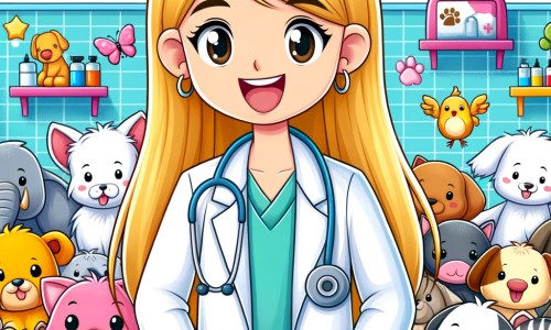 Une illustration destinée aux enfants représentant une vétérinaire passionnée, avec de longs cheveux blonds, portant une blouse blanche et entourée d'animaux souriants, dans une clinique vétérinaire lumineuse et colorée remplie d'animaux de toutes sortes.