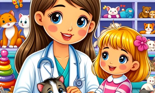 Une illustration pour enfants représentant une femme vétérinaire passionnée qui prend soin d'un petit chaton perdu dans son cabinet, où elle accueille tous les animaux avec amour et dévouement.
