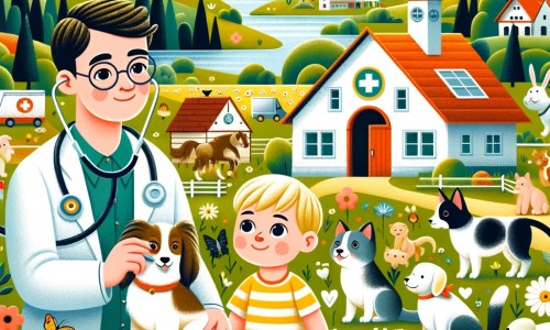 Une illustration pour enfants représentant un vétérinaire passionné qui ouvre sa propre clinique dans un petit village entouré de champs, de prés et de forêts.