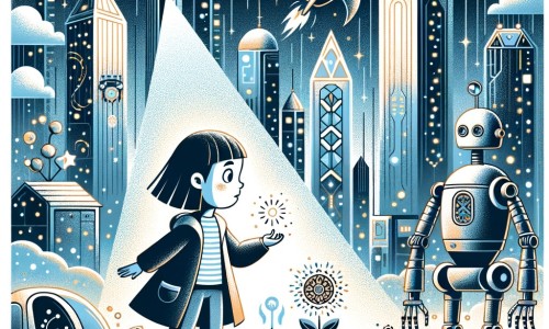 Une illustration destinée aux enfants représentant une petite fille curieuse, se promenant dans une ville futuriste remplie de gratte-ciel scintillants, de voitures volantes et de robots, à la recherche de graines magiques perdues pour aider un robot jardinier.