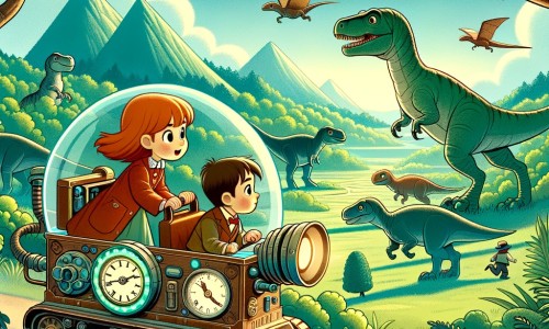 Une illustration destinée aux enfants représentant une petite fille curieuse, voyageant dans le temps avec l'aide d'une machine mystérieuse, accompagnée d'un garçon courageux, à travers des paysages luxuriants remplis de dinosaures majestueux.