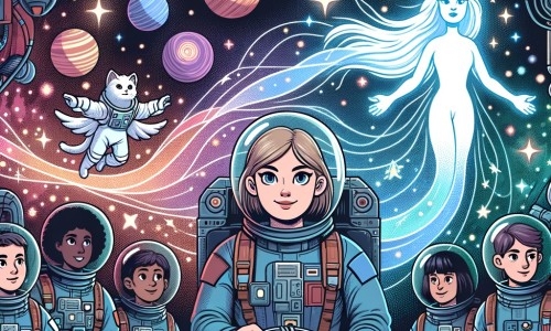 Une illustration destinée aux enfants représentant une astronaute courageuse et compétente, confrontée à un défi surnaturel dans l'espace, accompagnée de ses amis astronautes, dans un vaisseau spatial futuriste entouré d'étoiles scintillantes et d'une multitude de planètes colorées.