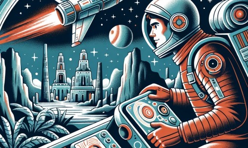 Une illustration pour enfants représentant un homme passionné d'exploration spatiale qui part en mission pour découvrir une civilisation perdue dans une galaxie lointaine.