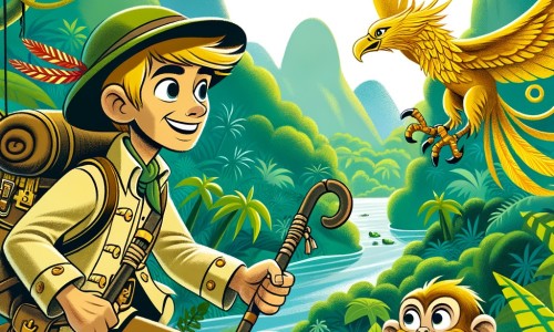Une illustration pour enfants représentant un homme courageux et intrépide, se lançant dans une expédition à la recherche d'une créature mythique, dans une jungle mystérieuse cachée au cœur de l'Amazone.