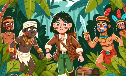 Une illustration destinée aux enfants représentant une intrépide exploratrice, piégée dans une forêt luxuriante de l'Amazonie, accompagnée de tribus autochtones, cherchant un trésor caché sur une île mystérieuse.