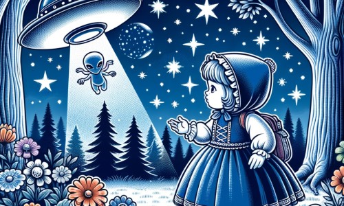 Une illustration destinée aux enfants représentant une petite fille fascinée par les étoiles, qui fait la rencontre d'extraterrestres dans une soucoupe volante, au milieu d'une clairière enchantée, entourée d'arbres majestueux et de fleurs éclatantes.