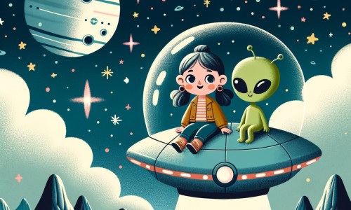 Une illustration destinée aux enfants représentant une petite fille curieuse, embarquée dans un vaisseau spatial avec un extraterrestre vert, explorant des montagnes flottantes sur la planète Zéphyr, entourés d'étoiles scintillantes dans l'espace infini.