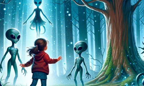 Une illustration pour enfants représentant une petite fille intrépide, se retrouvant nez à nez avec des extraterrestres dans une mystérieuse forêt enchantée.