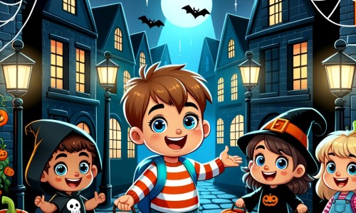 Une illustration pour enfants représentant un petit garçon plein d'enthousiasme se préparant pour Halloween dans un quartier mystérieux et animé.