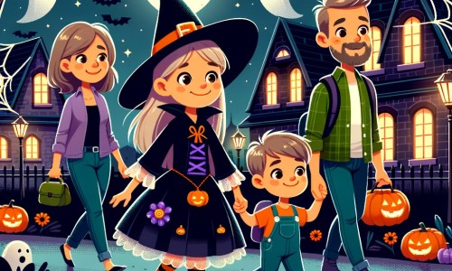 Une illustration pour enfants représentant une petite fille déguisée en adorable sorcière, se perdant dans une maison mystérieuse lors d'une nuit d'Halloween enchantée.