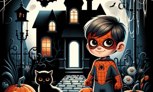 Une illustration destinée aux enfants représentant un petit garçon déguisé en Spider-man, se retrouvant face à une mystérieuse ombre, accompagné d'un chat noir, dans une maison abandonnée hantée par l'esprit d'Halloween, avec des toiles d'araignée et des citrouilles éclairées par la lueur de la lune.
