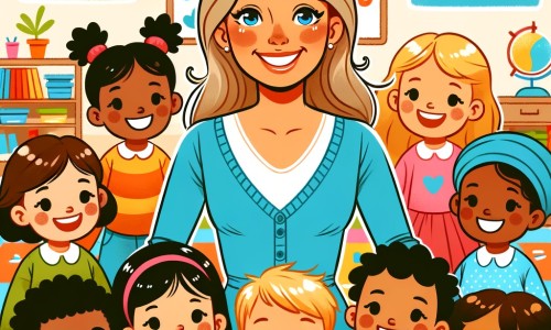 Une illustration destinée aux enfants représentant une femme souriante et bienveillante, entourée d'enfants joyeux, dans une salle de classe colorée et animée.