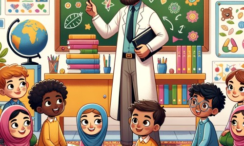 Une illustration pour enfants représentant un instituteur bienveillant et passionné, enseignant à ses élèves dans une salle de classe magique pleine d'aventures et de découvertes.