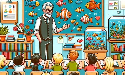 Une illustration destinée aux enfants représentant un instituteur bienveillant, entouré de ses élèves curieux, dans une salle de classe lumineuse remplie de livres colorés, de tables et de chaises, avec un grand tableau noir et un aquarium rempli de poissons joyeux.