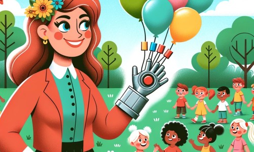 Une illustration destinée aux enfants représentant une femme inventive, entourée d'enfants curieux, dans un parc verdoyant et coloré, où elle présente fièrement son gant spécial équipé d'un aimant pour attraper les ballons plus facilement.