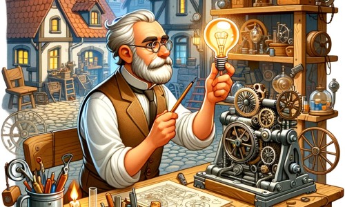 Une illustration pour enfants représentant un homme créatif et ingénieux, découvrant un mystérieux appareil dans son atelier, dans un petit village.