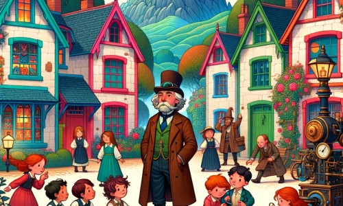 Une illustration destinée aux enfants représentant un inventeur excentrique, entouré d'enfants curieux, dans un petit village pittoresque avec des maisons colorées, des jardins fleuris et une montagne majestueuse en toile de fond.