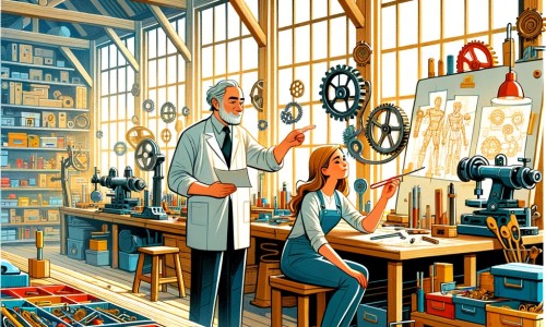 Une illustration pour enfants représentant une femme épatante et curieuse qui découvre le monde de l'invention dans un atelier rempli d'outils et de machines.