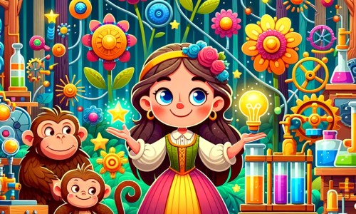 Une illustration pour enfants représentant une femme imaginative qui crée une machine farfelue pour transformer les choses en bonbons dans son atelier situé dans la forêt enchantée.
