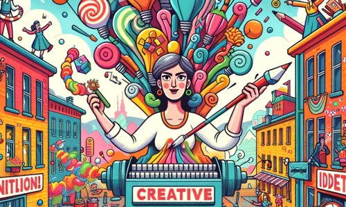 Une illustration pour enfants représentant une femme créative et audacieuse qui invente une machine à bonbons farfelue qui se met à lancer des boules de bonbons dans toutes les directions, dans le quartier où elle habite.