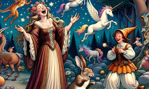 Une illustration destinée aux enfants représentant une sorcière ensorcelée par un rire incontrôlable, accompagnée d'un lapin malicieux, à la recherche d'une plume de licorne et d'un œuf de dragon, dans une forêt enchantée avec des arbres aux feuilles multicolores, des licornes dansant dans les clairières et des dragons volant dans le ciel étoilé.