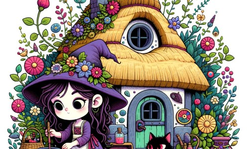 Une illustration pour enfants représentant une petite apprentie sorcière en train de préparer une potion magique dans sa maisonnette ensorcelante.