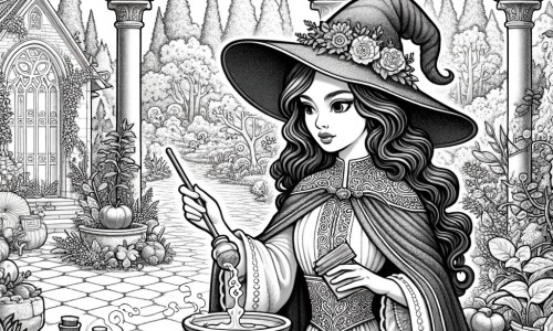 Une illustration pour enfants représentant une apprentie sorcière en train de concocter des potions magiques dans son jardin enchanté.