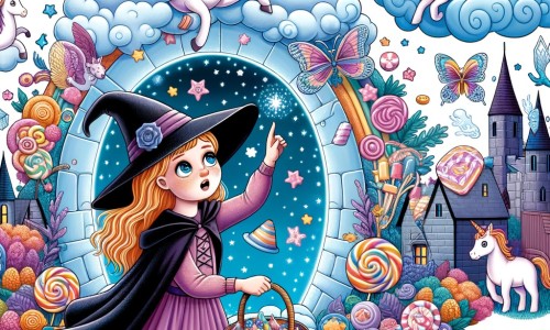 Une illustration pour enfants représentant une petite apprentie sorcière qui rêve de devenir magicienne, se trouvant dans une école de sorcellerie dans une forêt enchantée.