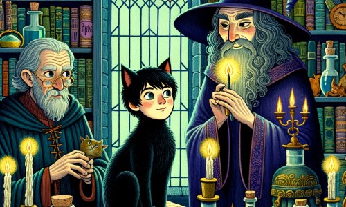 Une illustration destinée aux enfants représentant un jeune apprenti sorcier, transformé en chat noir, qui cherche désespérément un antidote avec l'aide de son grand-père et du mystérieux sorcier Merlin, dans une bibliothèque magique remplie de vieux grimoires, de potions colorées et de chandeliers scintillants.
