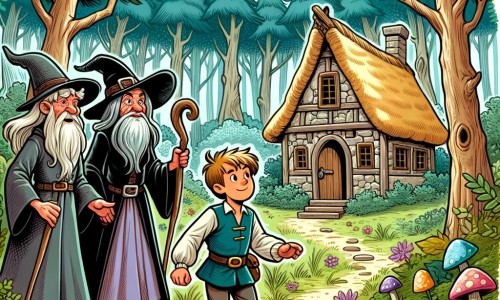 Une illustration destinée aux enfants représentant un jeune apprenti sorcier intrépide, se retrouvant dans une forêt enchantée où il rencontre deux sorcières excentriques qui l'entraînent dans leur maisonnette cachée au cœur d'une clairière féerique.