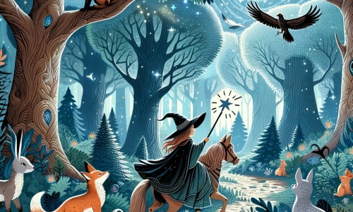 Une illustration pour enfants représentant une jeune sorcière découvrant un messager mystérieux dans sa cabane isolée dans la forêt.