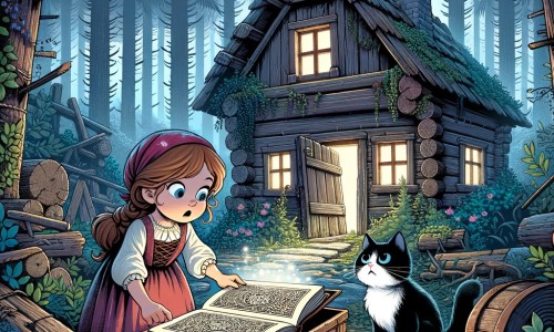 Une illustration destinée aux enfants représentant une sorcière curieuse découvrant un grimoire magique dans une vieille cabane abandonnée, accompagnée d'un chat noir et blanc, au cœur d'une forêt dense et mystérieuse.