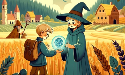 Une illustration destinée aux enfants représentant un jeune apprenti sorcier, découvrant ses pouvoirs magiques, accompagné d'une sorcière bienveillante, dans un village entouré de champs de blé et de fermes, avec une forêt mystérieuse où se trouve une boule de cristal lumineuse.