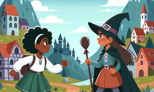 Une illustration pour enfants représentant une apprentie sorcière courageuse, confrontée à une méchante sorcière, dans une petite ville cachée au milieu des montagnes.