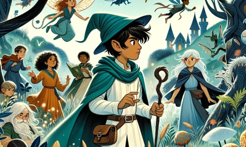 Une illustration destinée aux enfants représentant un jeune apprenti sorcier, plongé dans une quête magique, accompagné de ses amis, explorant un monde fantastique rempli de fées, d'elfes et de dragons, entouré de hautes herbes et d'arbres étranges.