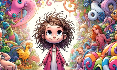 Une illustration pour enfants représentant une petite fille aux cheveux en bataille, se retrouvant dans une situation loufoque et absurde, dans un monde coloré et fantastique.